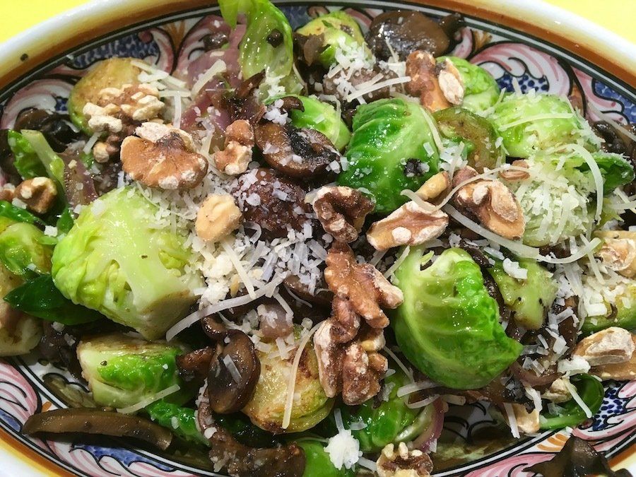 Olive Oil Fried Brussels Sprouts with Mushrooms and Cranberries